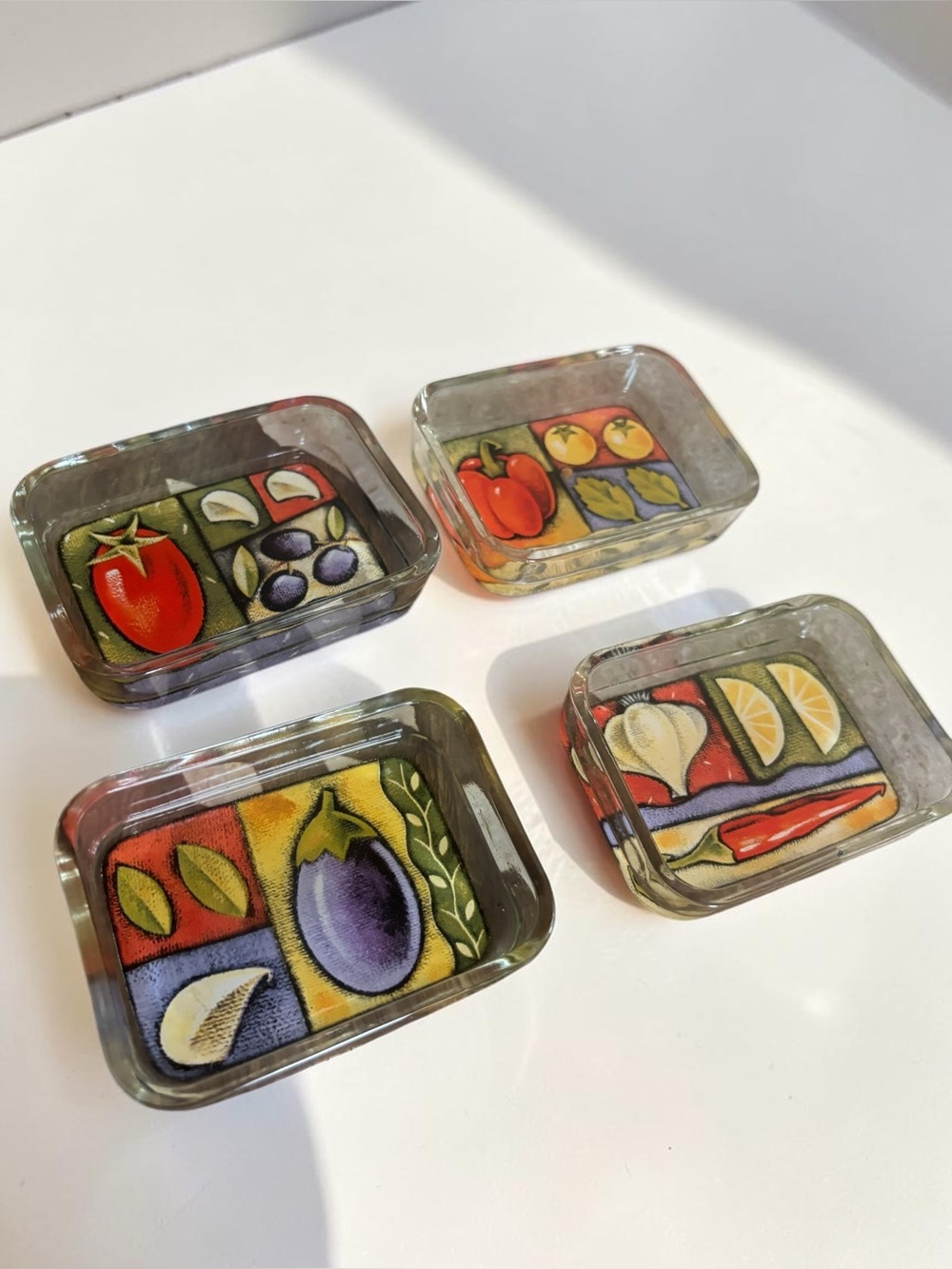 Vintage Glass Appetizer Dishes Set of 4 Vegetable Print Retro Serving Bowls